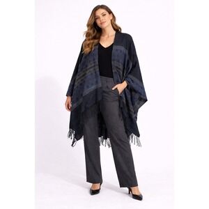 Atmosphere Blue Patterned Poncho Wrap Fringe Boho One Size